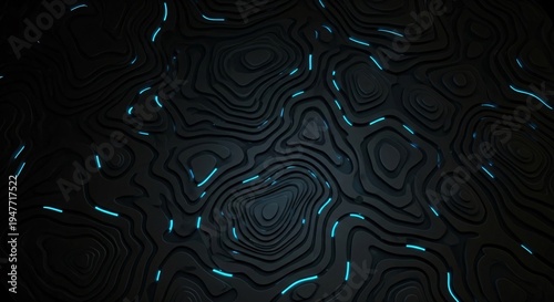 A dark abstract background with glowing blue lines and topographic patterns