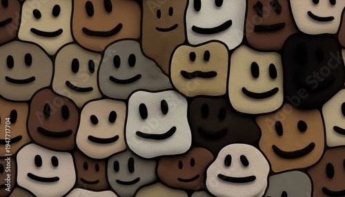 A diverse group of happy cartoon faces in various skin tones and expressions