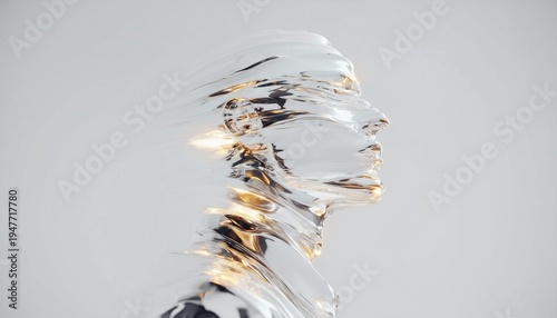 A close-up view of a modern glass sculpture with a smooth, reflective surface against a plain background.