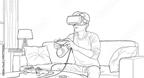 Person wearing virtual reality headset plays video game on couch with controller