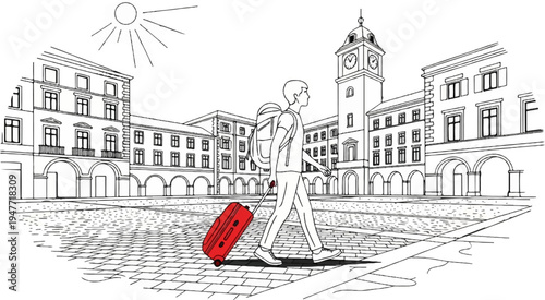 Person with backpack and red suitcase walks across cobblestone square toward clock tower