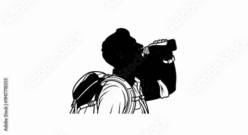 Person with backpack drinks from bottle, stylized black and white silhouette