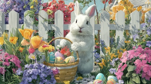 Spring bunny with Easter basket near white fence, blooming garden, cheerful bright colors, ultra detailed outdoor holiday scene