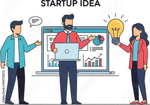 Startup Idea Illustration: Three individuals collaborate, a light bulb symbolizing inspiration and a laptop with charts suggesting planning and data analysis. The scene highlights innovative thinking.