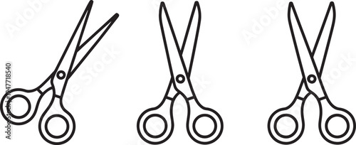 Three pairs of scissors in different positions cutting tools black and white line stationery office supplies