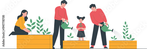 Family gardening together planting and watering plants illustration, parents and child growing garden, eco lifestyle nature activity vector