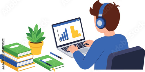 Digital Learning: A person intently engaged in digital learning with a laptop, books, and potted plant, focusing on a screen showing data charts, embodying modern education and study from home.