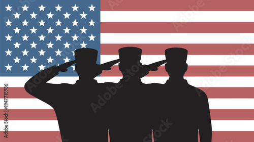 Silhouettes of three soldiers saluting in front of the American flag
