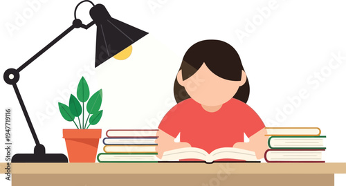 Focused Study: A young individual sits at a desk illuminated by a lamp, engrossed in studying, surrounded by books and a small potted plant, signifying the dedication to learning and personal growth.