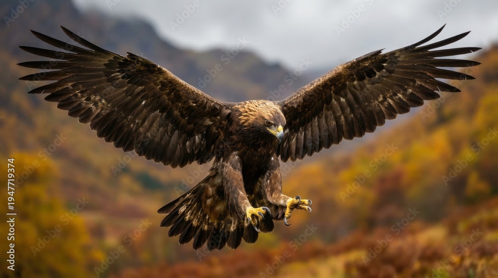 Fototapeta premium Majestic Golden Eagle soaring through a mountain valley during autumn, wings fully extended.