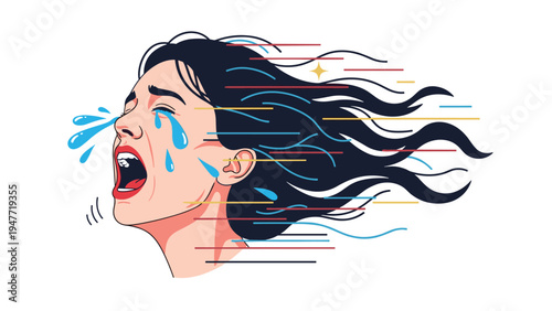 Distressed woman screaming and crying intensely with tears flowing and motion lines conveying extreme emotional pain or mental anguish.
