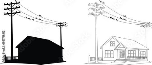 House with utility poles and birds on power lines silhouette and line art, rural electricity distribution landscape vector
