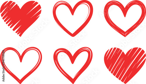 A collection of hand drawn red hearts in various styles and textures