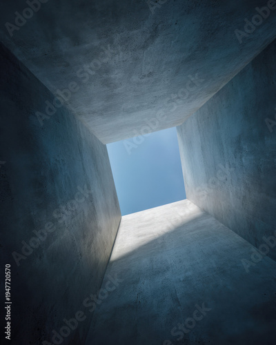 Minimal concrete room with square window opening framing bright blue sky and hard shadows