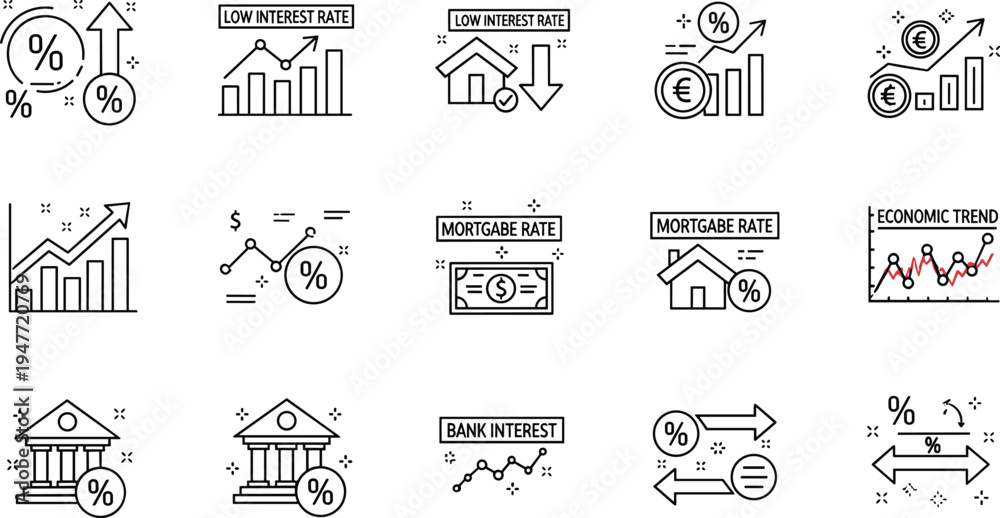 Fototapeta premium Interest rate and financial banking line icon set with mortgage rate loan interest economic trend illustration