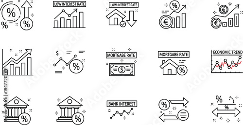 Interest rate and financial banking line icon set with mortgage rate loan interest economic trend illustration