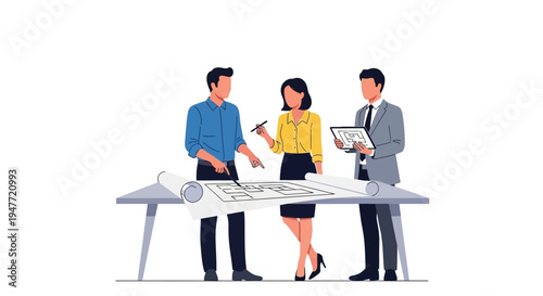 Team of architects collaborating on blueprints at a table.