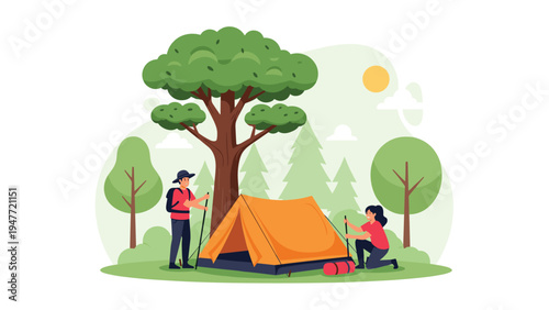 Adventurous couple working together to set up orange tent for camping trip in green forest under bright afternoon sun.