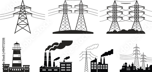 Electric power transmission tower silhouettes, electricity pylons and industrial factory skyline set, energy infrastructure, high voltage lines illustration collection
