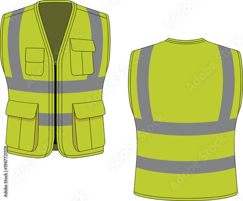 High visibility safety vest front and back view vector, reflective construction workwear jacket mockup, protective industrial clothing template