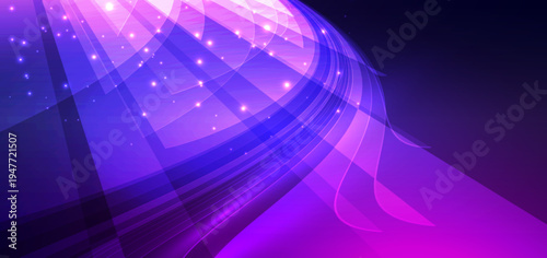 Abstract futuristic background featuring dynamic neon light streaks with glowing particles and smooth gradient on purple background.