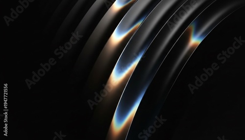 A close-up view of curved metallic surfaces reflecting vibrant colors against a dark background