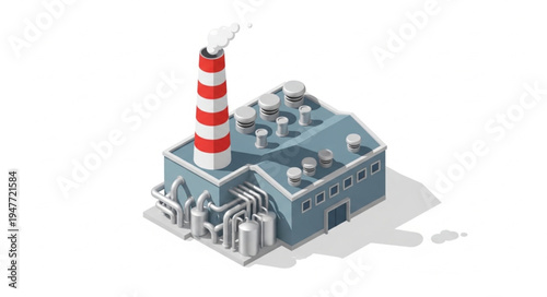 Isometric industrial factory building with smoking chimney and pipes.