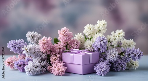 Beautiful lilac gift box on mother's day with colorful flowers