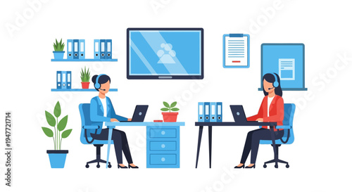 Two women working in a modern office environment.