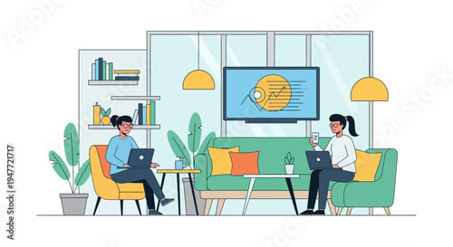 Two women working on laptops in a modern office setting.