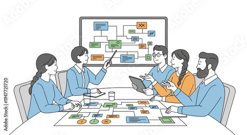 Team collaborating on a business strategy diagram.