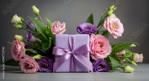 Beautiful mother's day gift bouquet with flowers and purple ribbon