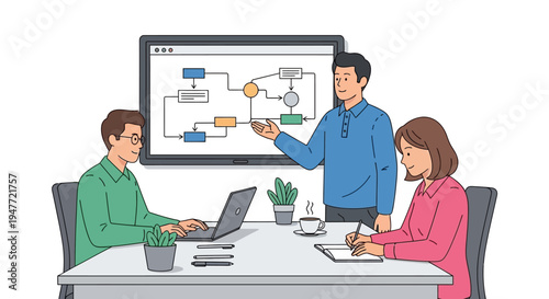 Team collaborating on a business strategy flowchart presentation.