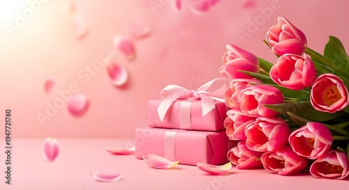 Beautiful pink tulips and gift boxes for mother's day celebration