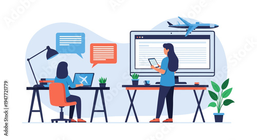 Two women working remotely on laptops and tablets.