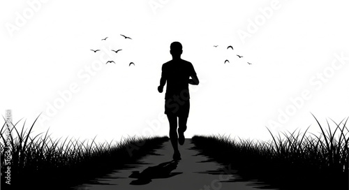 Silhouette of a man running on a path with birds flying overhead.