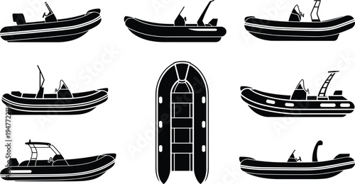 boat, dinghy, inflatable, silhouette, maritime, nautical, vessel, rubber, transport, ocean, rescue, rigid, motorboat, navy, vector