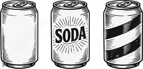 Vintage Black and White Soda Can Set – Engraving Style Line Art Illustration of Three Aluminum Beverage Cans (Blank, “SODA” Label, Striped)