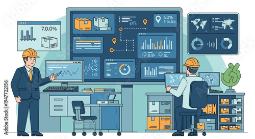 Two engineers analyzing data on large screens in control room.