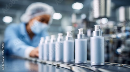 Cosmetic bottles on a production line with a worker in the background, highlighting manufacturing processes