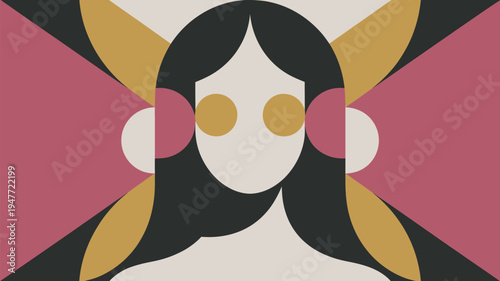 A vibrant abstract illustration of a woman with long black hair and colorful geometric shapes around her face.