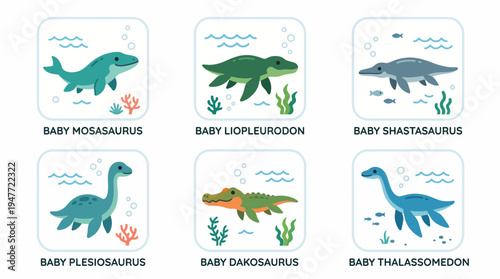 Delightful flat vector illustrations of baby prehistoric aquatic creatures, showcasing cute young marine animals ideal for educational content and playful underwater themes