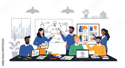 Team collaborating on a business strategy presentation.