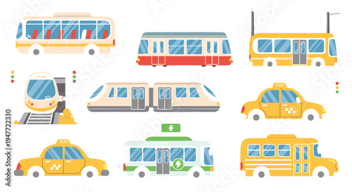 Public transportation vehicles illustration set with city bus tram metro train taxi and electric bus urban transport