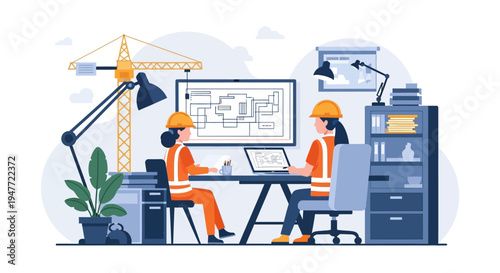 Two female engineers collaborating on a construction project blueprint.