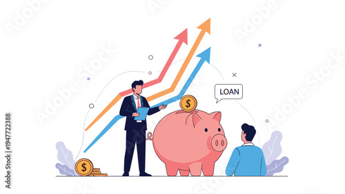 Financial consultant explaining investment growth strategies to client using rising arrow charts and large piggy bank with coins.