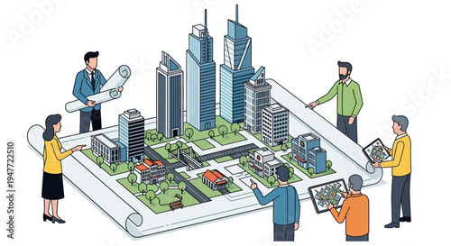 Urban Planning Team Collaborating on City Development Model.