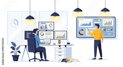 Two men analyzing financial data on computer screens.