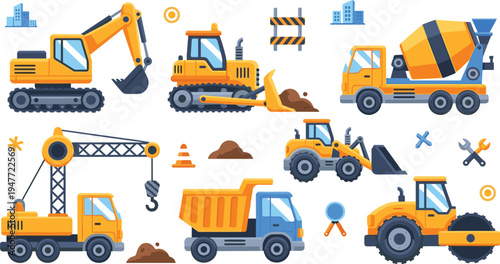 Construction heavy equipment vehicles illustration set with excavator bulldozer concrete mixer crane dump truck roller