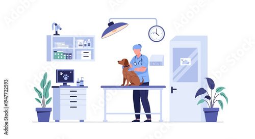 Veterinarian examining a dog on an examination table.